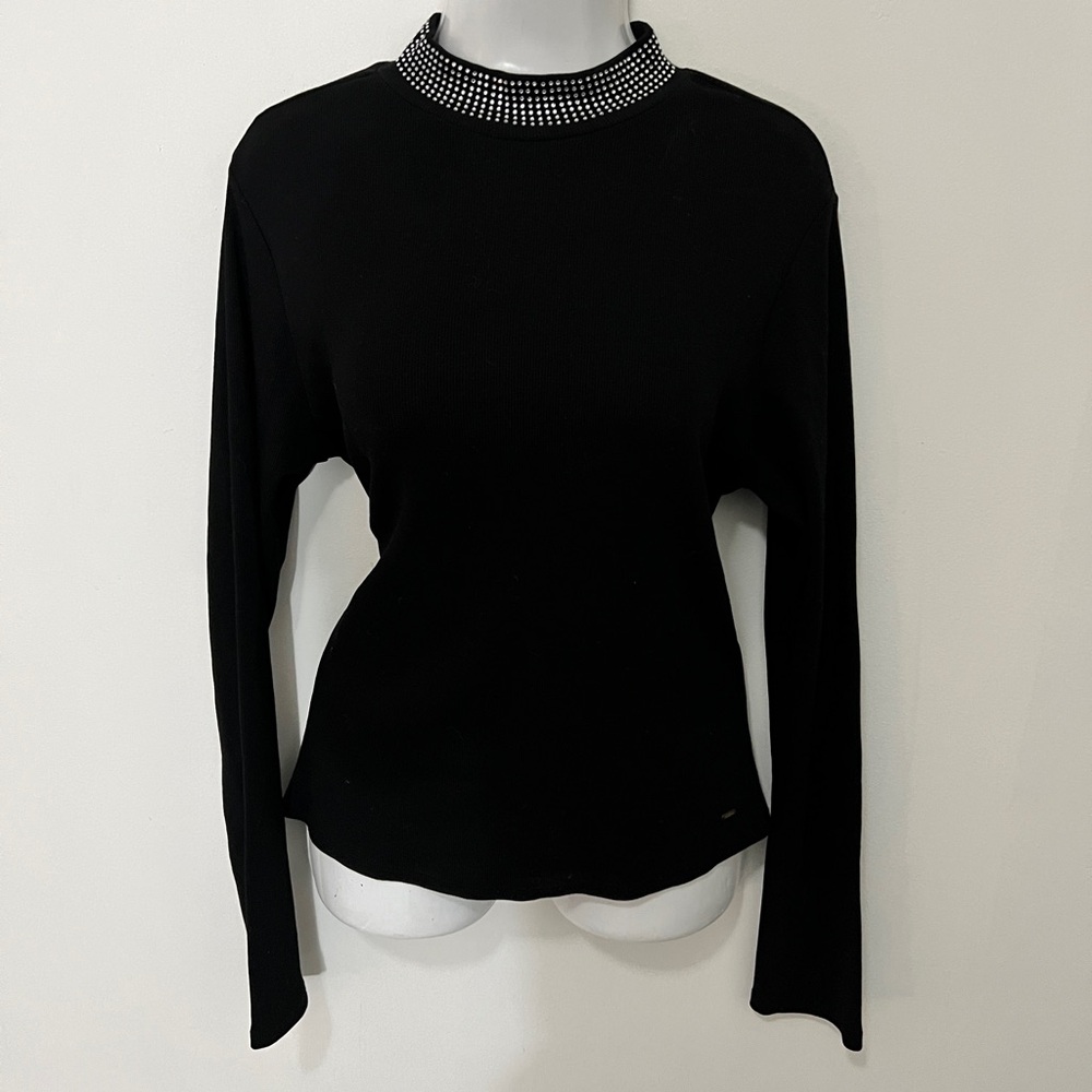 Guess Black Fitted Ribbed Blouse with Mandarin Collar